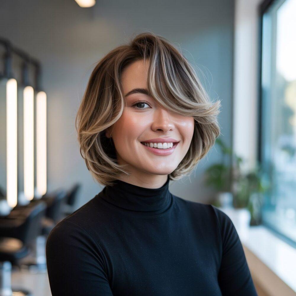 kobieta z okrągłą twarzą i modną fryzurą