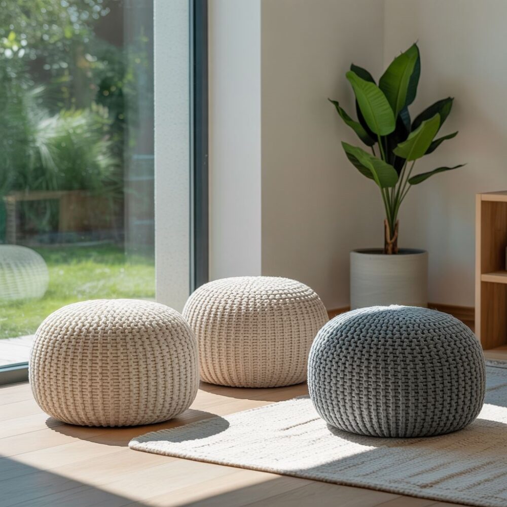 kolorowe pufy z włóczki