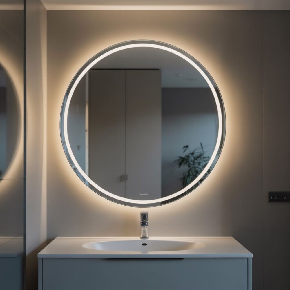 minimalistyczna łazienka z podświetlanym lustrem