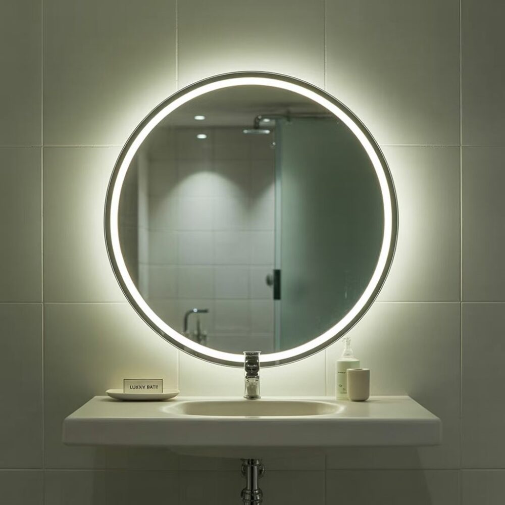 okrągłe lustro z delikatnym światłem