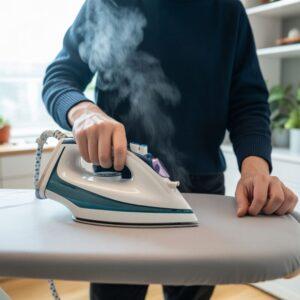 osoba prasująca płaszcz