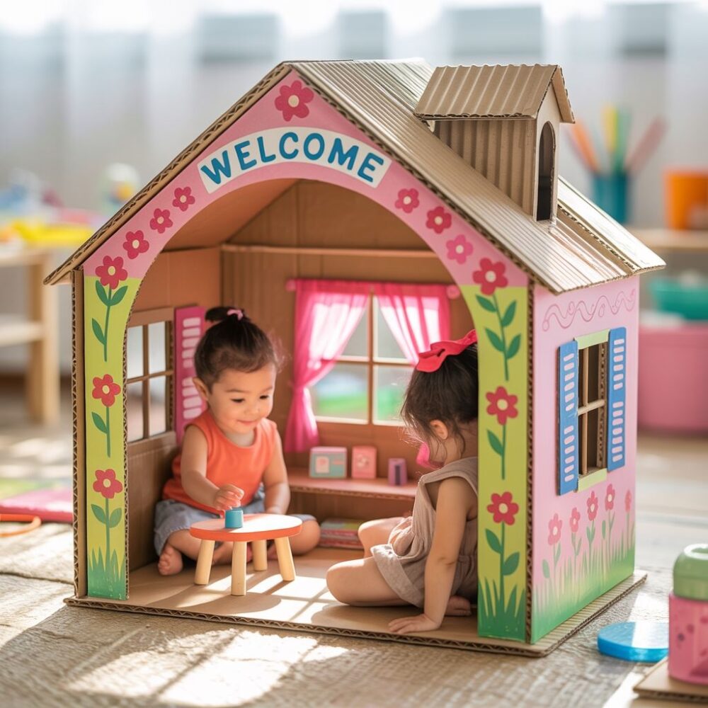 ręce tworzące domek dla lalek