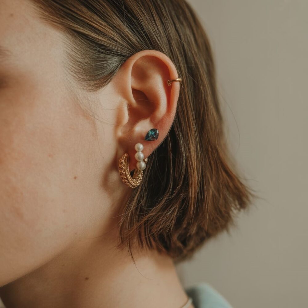 trzy kolczyki w uchu