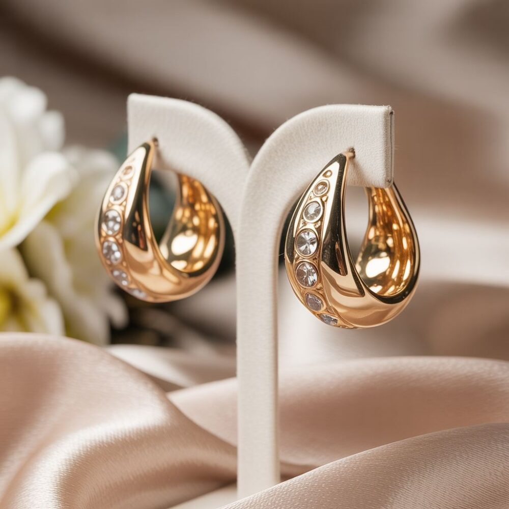 złote kolczyki na stojaku